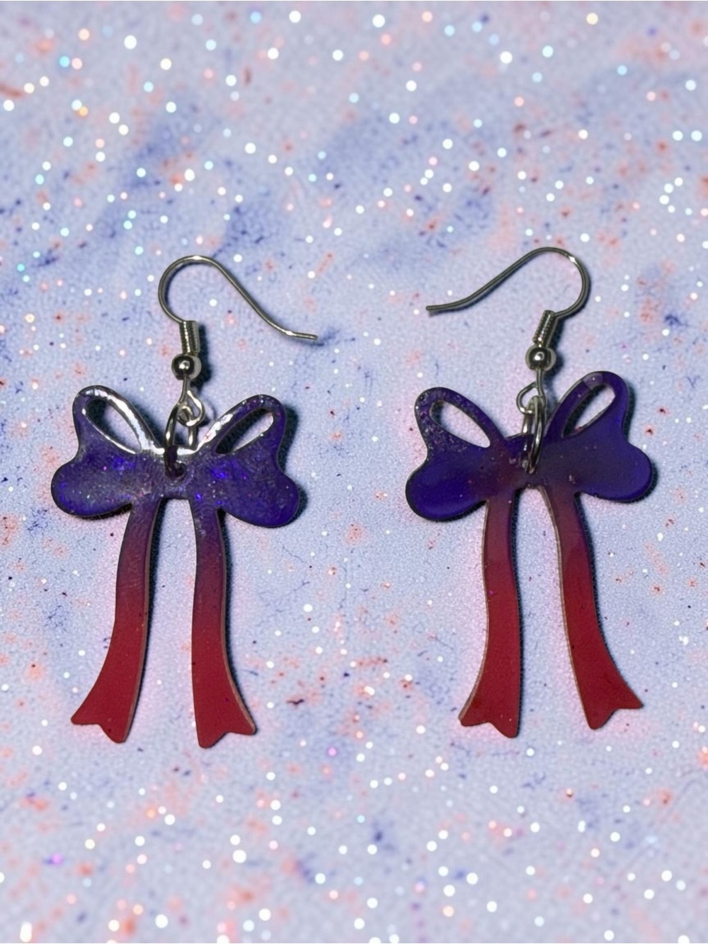 Handmade Purple Pink Ombré Bow Resin Dangle Statement Earrings - Picture 4 of 6